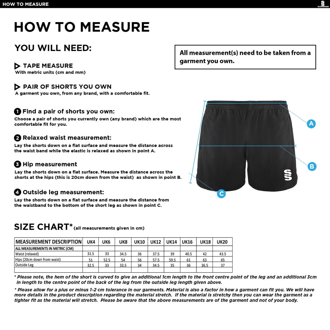 Sir Tom Finney FC - Performance Gym Short - Women's Fit - Size Guide