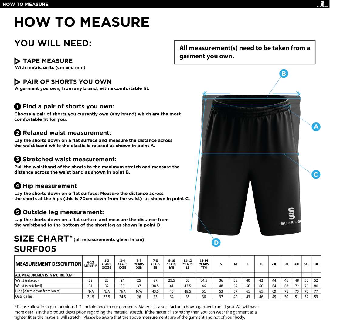 Sir Tom Finney FC - Match Short - Unisex Fit - Size Guide