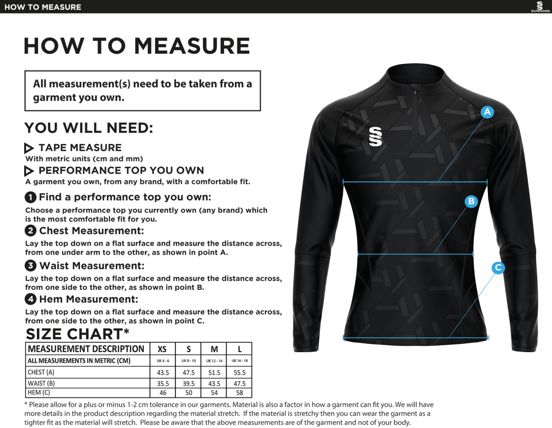 Sir Tom Finney FC - Impact 1/4 Zip Performance Top - Women's Fit - Size Guide