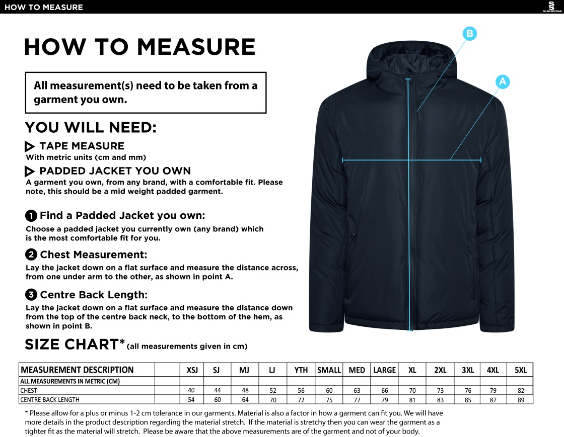 Sir Tom Finney FC - Active Padded Jacket - Unisex Fit - Size Guide