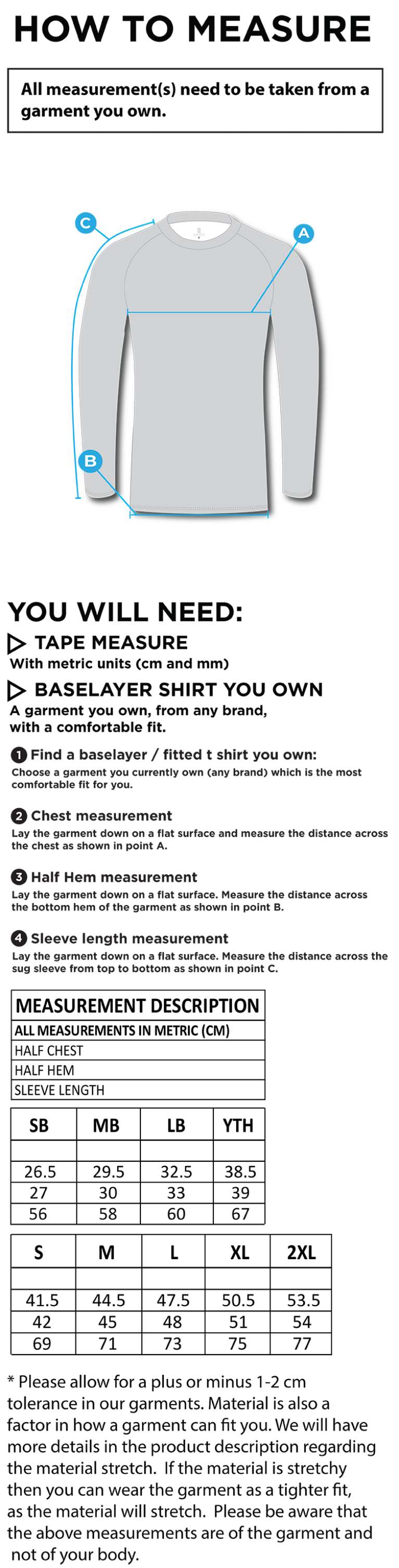 Sir Tom Finney FC - Baselayer Long Sleeve Sug - Unisex Fit - Size Guide