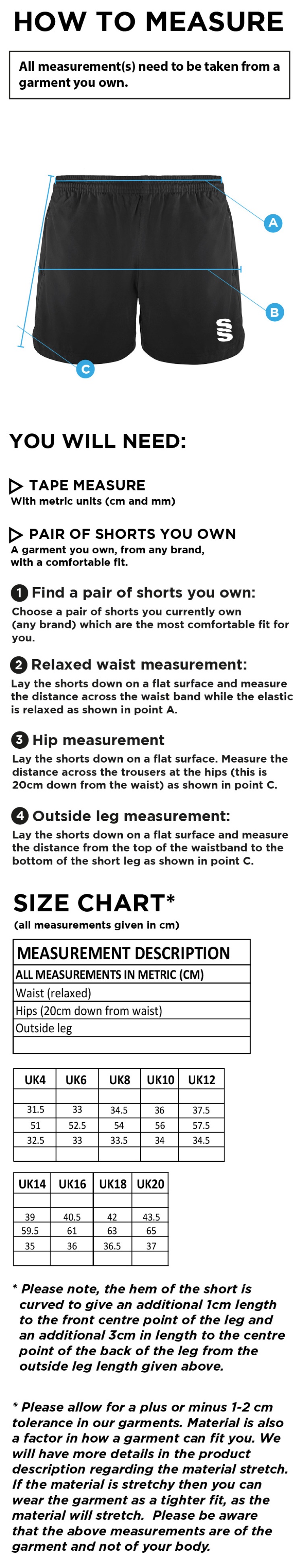 Sir Tom Finney FC - Performance Gym Short - Women's Fit - Size Guide