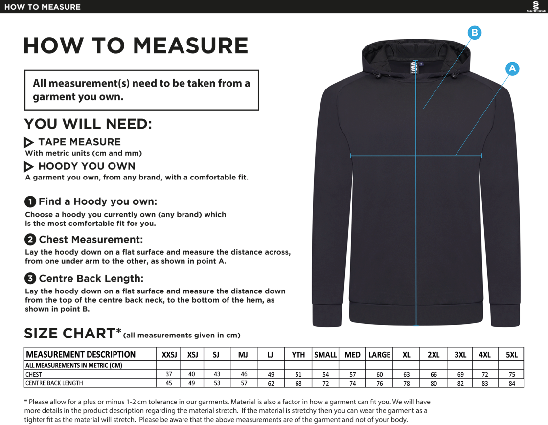 Sir Tom Finney FC - Active Hoody - Unisex Fit - Size Guide