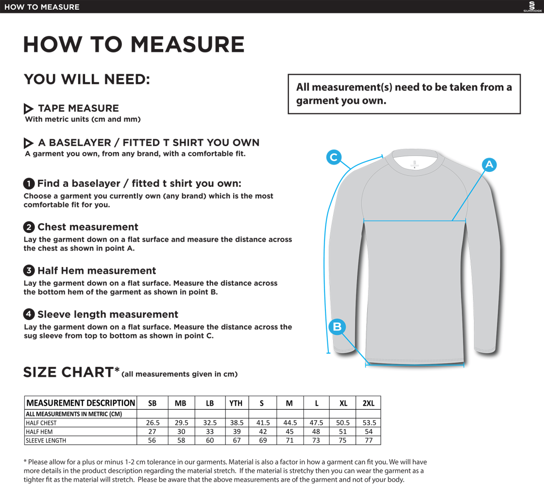 Sir Tom Finney FC - Baselayer Long Sleeve Sug - Unisex Fit - Size Guide