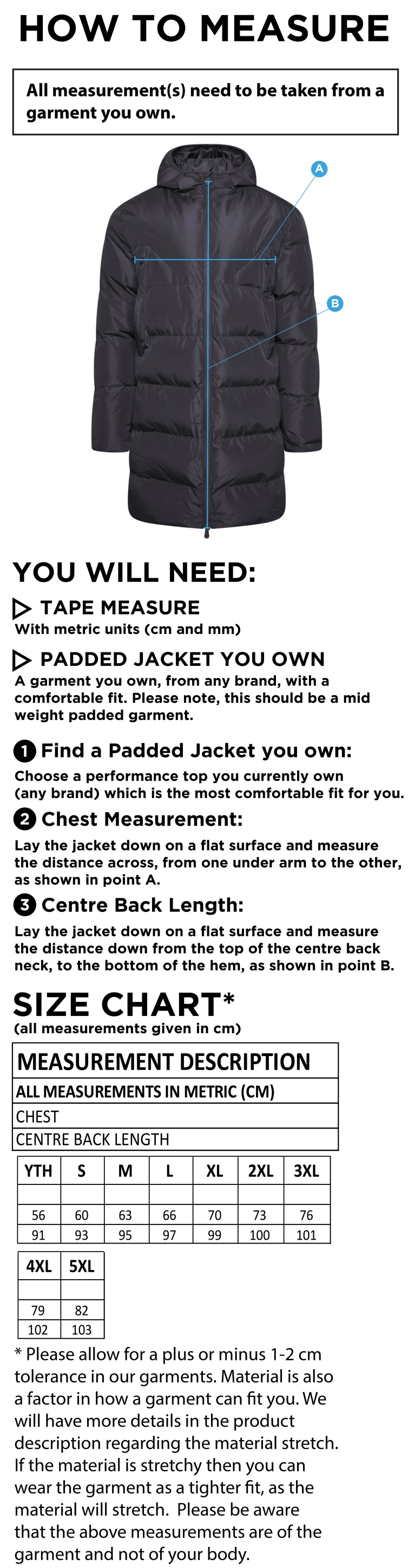 Sir Tom Finney FC - Active Long Padded Jacket - Unisex Fit - Size Guide