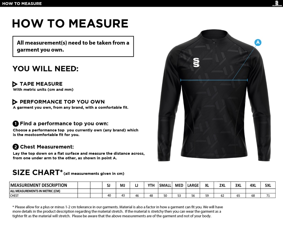 Sir Tom Finney FC - Impact 1/4 Zip Performance Top - Unisex Fit - Size Guide