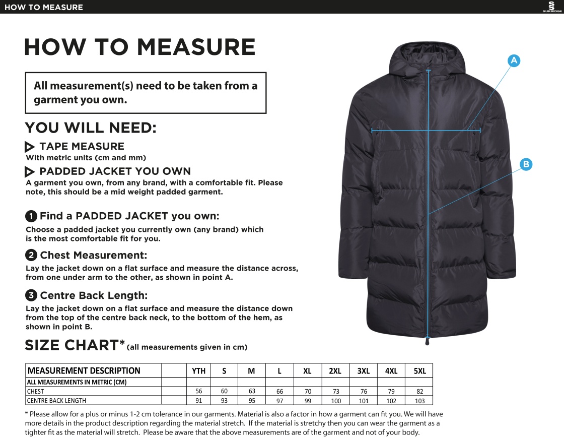 Sir Tom Finney FC - Active Long Padded Jacket - Unisex Fit - Size Guide