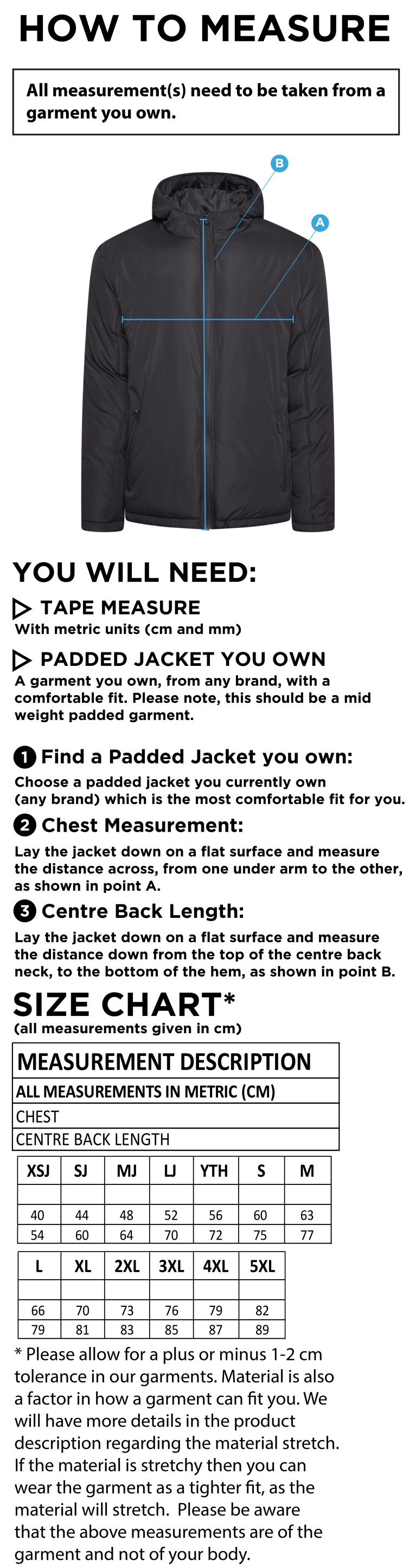 Sir Tom Finney FC - Active Padded Jacket - Unisex Fit - Size Guide