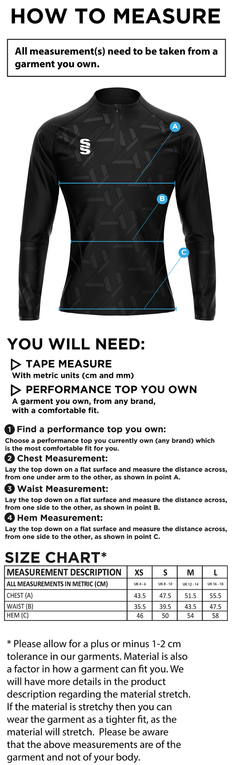 Sir Tom Finney FC - Impact 1/4 Zip Performance Top - Women's Fit - Size Guide